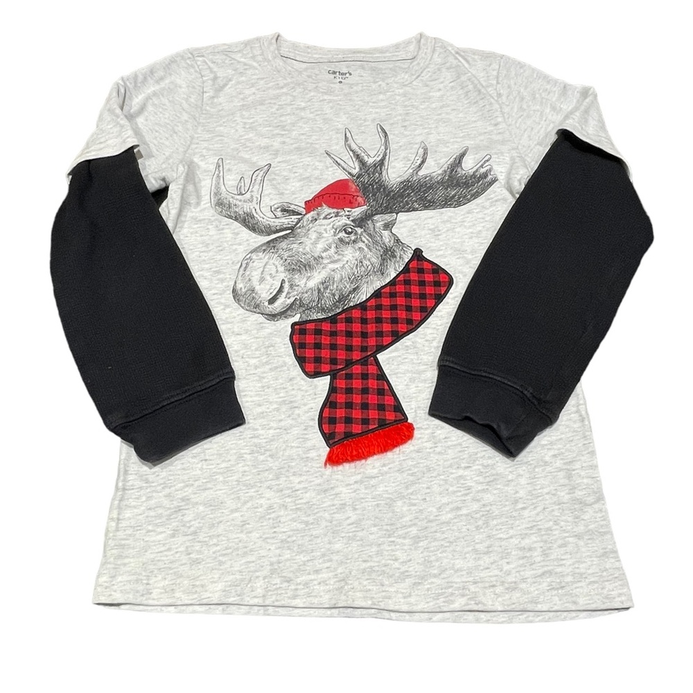 CARTER'S Boys Moose Red Black 2-in-1 Mock Layer Long Sleeve TShirt Size: 8 GUC